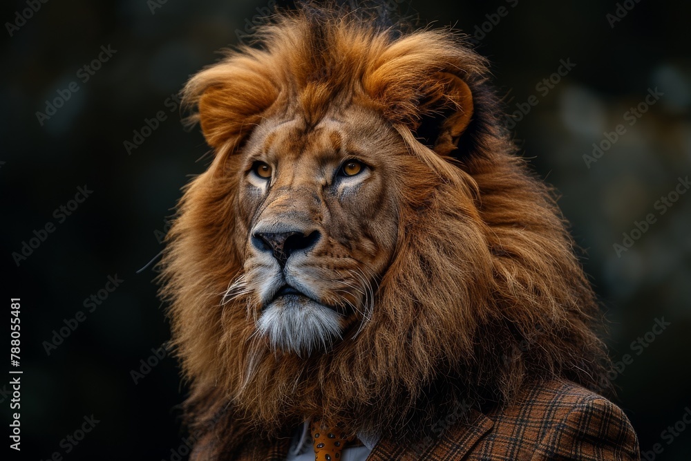 Fototapeta premium A thoughtful lion sporting a plaid suit reflects sophistication with a hint of wildness