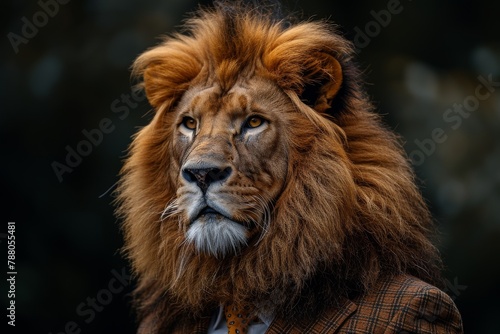 A thoughtful lion sporting a plaid suit reflects sophistication with a hint of wildness