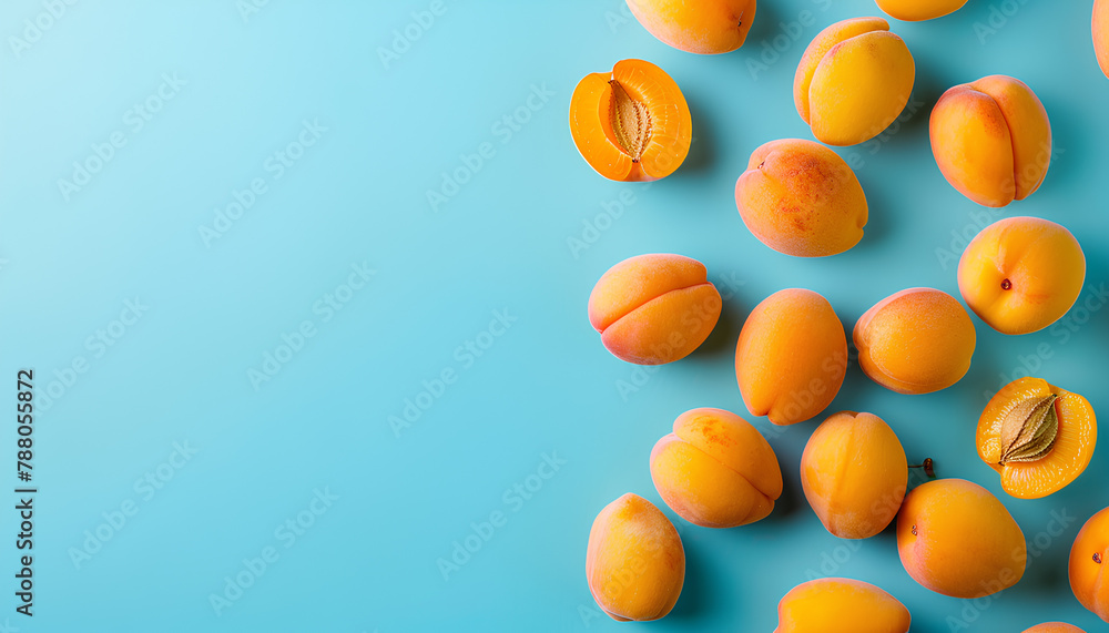 Flying fresh apricots on color background with space for text Flying fresh apricots on color background with space for text