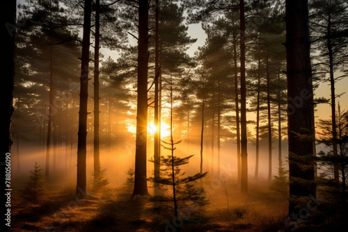 nature landscape background with pine forest at sunrise