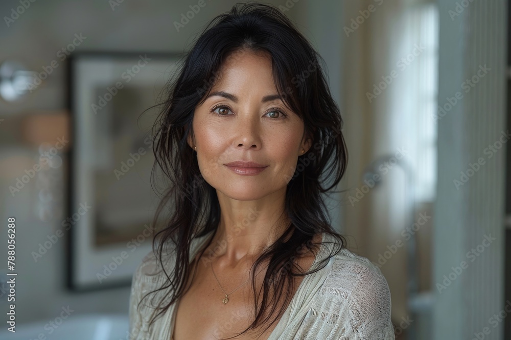 A poised and sophisticated woman making direct eye contact with an enigmatic expression A poised and sophisticated woman making direct eye contact with an enigmatic expression