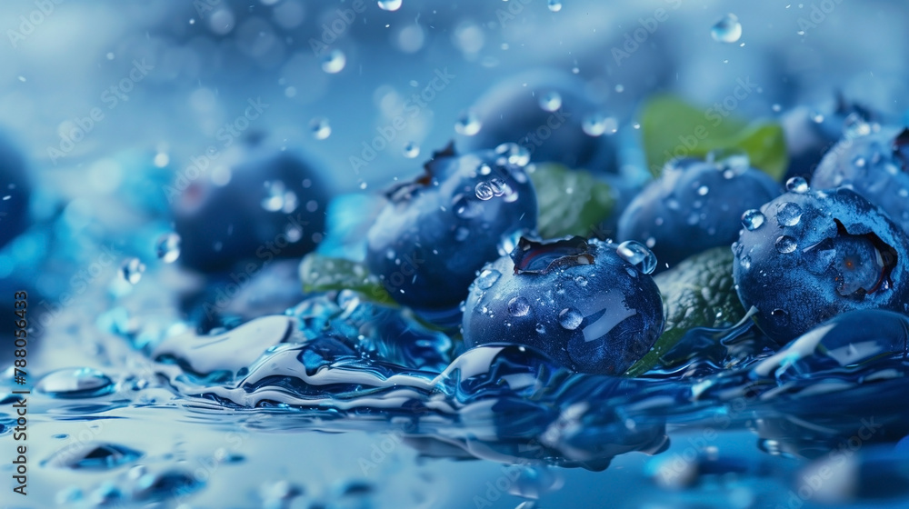 Fresh blueberries in water. Splashes and drops. Seasonal vitamins. 