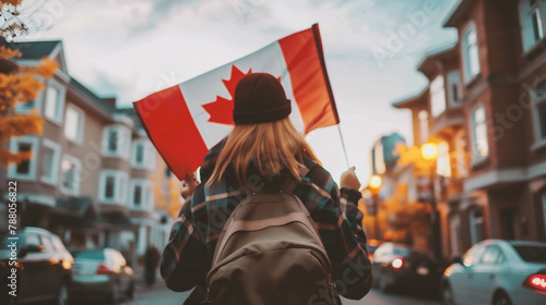 Young woman holding a canadian flag in her hands on the background of the city