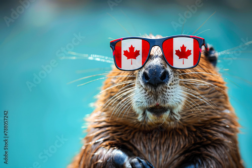 Festive beaver celebrating Canada Day with maple leaf sunglasses.