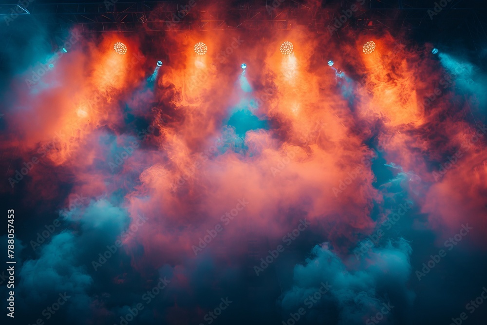 An energizing concert stage scene with dramatic lighting and smoke effects creating a powerful atmosphere