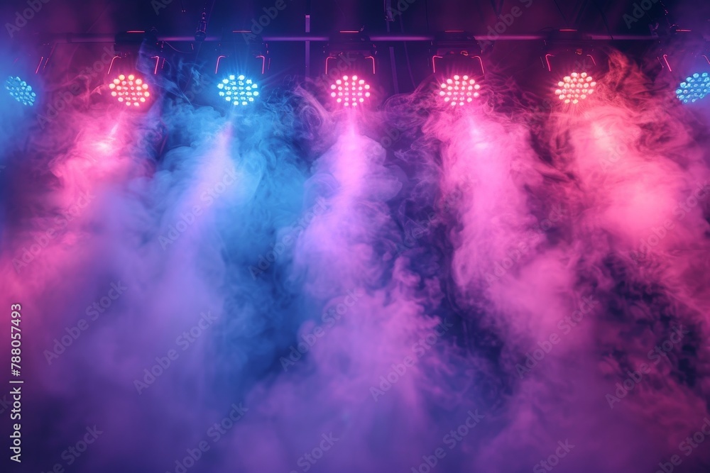 An explosion of colors from stage lights with a smoky backdrop creates an intense concert atmosphere
