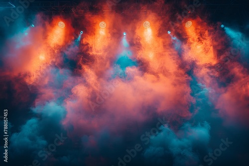 An energizing concert stage scene with dramatic lighting and smoke effects creating a powerful atmosphere © Larisa AI