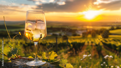 White wine in glass on vineyard
