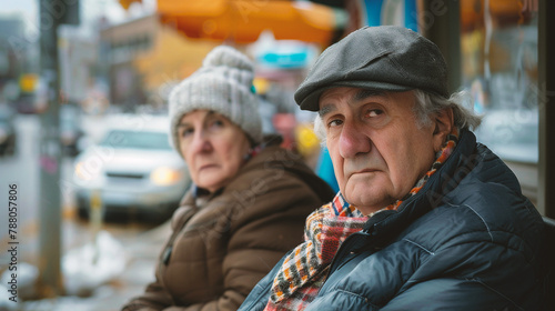 Elderly couple sitting on a bench in the street in winter.