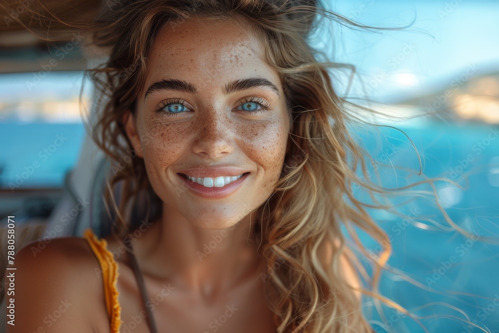 Close-up of a young, joyful woman with sunlit hair, aboard a boat, smiling Close-up of a young, joyful woman with sunlit hair, aboard a boat, smiling
