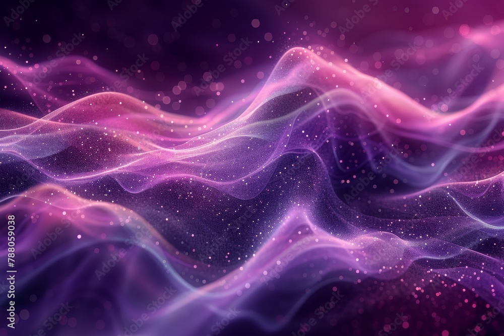 Dynamic abstract digital art depicting cosmic waves in mesmerizing shades of pink, blue, and purple with sparkling stars
