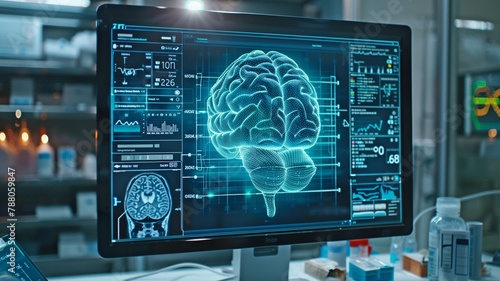 brain test results shown on a digital interface against a backdrop of a lab or operating room; a notion of cutting-edge science and medical technology. medical equipment. photo