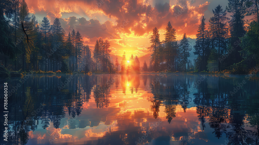 The sun rises over the forest, reflecting on the calm waters of the lake. A serene scene of a sunrise in summer or spring in a beautiful natural background with sunlight and mist. Created with Ai
