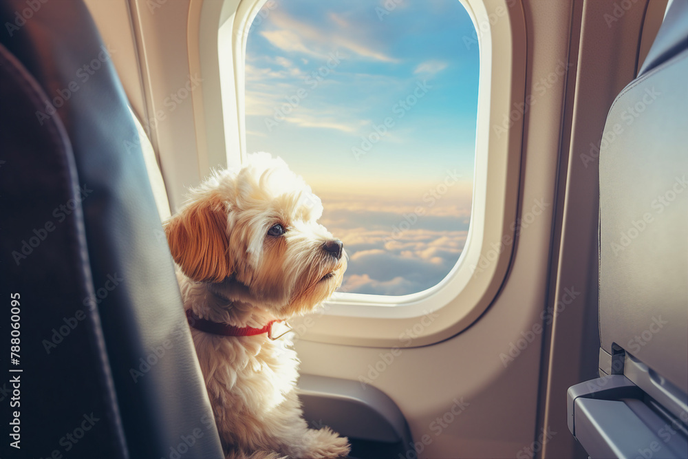 Picture created with generative AI of funny animal traveler enjoy comfortable flight journey Picture created with generative AI of funny animal traveler enjoy comfortable flight journey