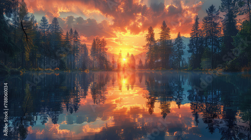 The sun rises over the forest, reflecting on the calm waters of the lake. A serene scene of a sunrise in summer or spring in a beautiful natural background with sunlight and mist. Created with Ai #788060034