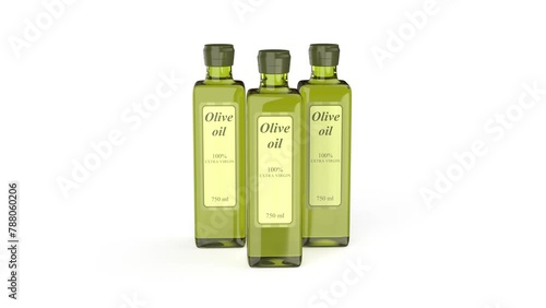 Three extra virgin olive oil bottles on white background