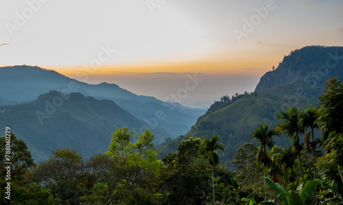 Amazing sunrise panorama view of Ella Rock and surrounding mountains in Ella, Sri Lanka