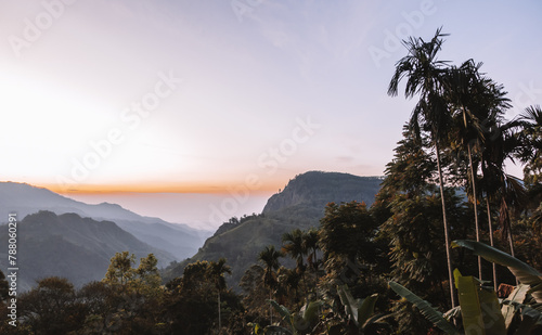 Amazing sunrise panorama view of Ella Rock and surrounding mountains in Ella, Sri Lanka