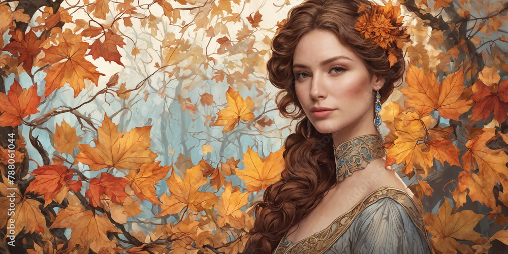 Art Nouveau styled woman with long hair with red and yellow color leaves and flowers. Painting and Drawings. Art Nouveau styled woman with long hair with red and yellow color leaves and flowers. Painting and Drawings.
