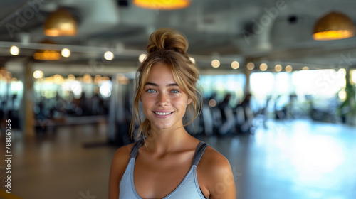 Blonde woman in a gym smiling happily. Personal wellness. Women in the gym. Healthy lifestyle exercising.