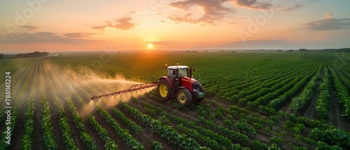 Soybean Fields at Sunset: Tractor's Delicate Dance. Concept Agricultural Photography, Golden Hour Light, Farm Life, Tractor Photography, Sunset Scene