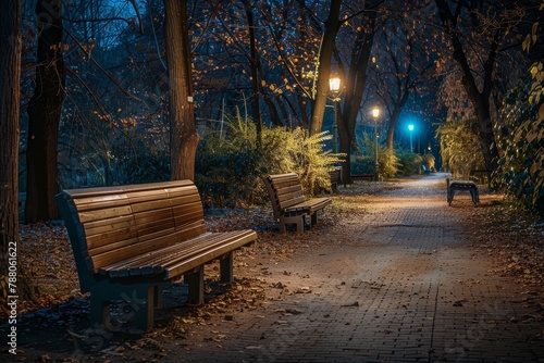 Late autumn evening in a park in Central Europe featuring wooden benches and a picturesque alleyway captured in a horizontal photograph