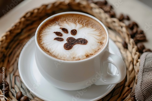 Latte art of dog paw in white mug at pet cafe photo