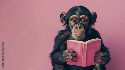 Scholarly Simian A Surreal Monkey Reading a Book on a Vivid Pink Background