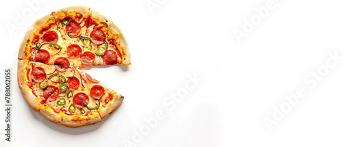 top view of pizza with free space for text, with plain background 