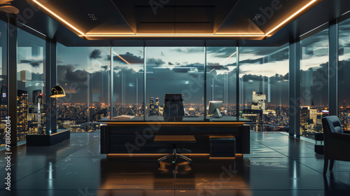 A modern office with a large window overlooking a city skyline. The room is furnished with a desk  a chair  and a potted plant. The atmosphere is professional and sophisticated