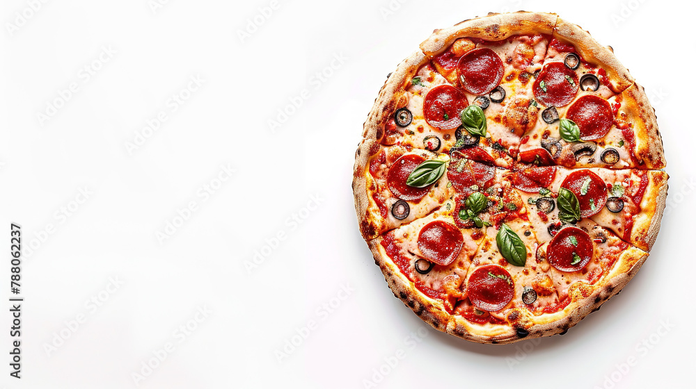 top view of pizza with free space for text, with plain background 