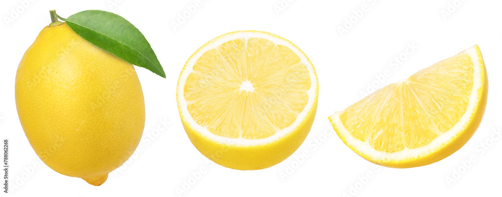  ripe  lemon fruit with leaves, slice and half isolated, Fresh and Juicy Lemon, transparent PNG, PNG format