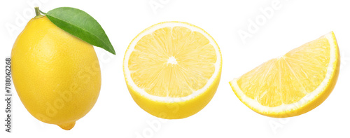  ripe lemon fruit with leaves, slice and half isolated, Fresh and Juicy Lemon, transparent PNG, PNG format