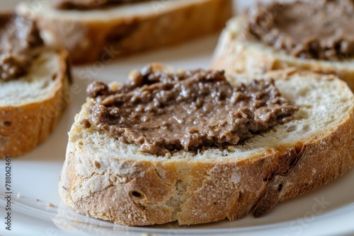 Liver pate on bread white background close up breakfast selective focus
