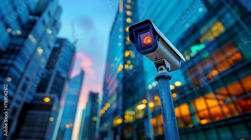 A security camera mounted in an urban area, capturing video for safety, against a blurred cityscape background at dusk. Generative AI