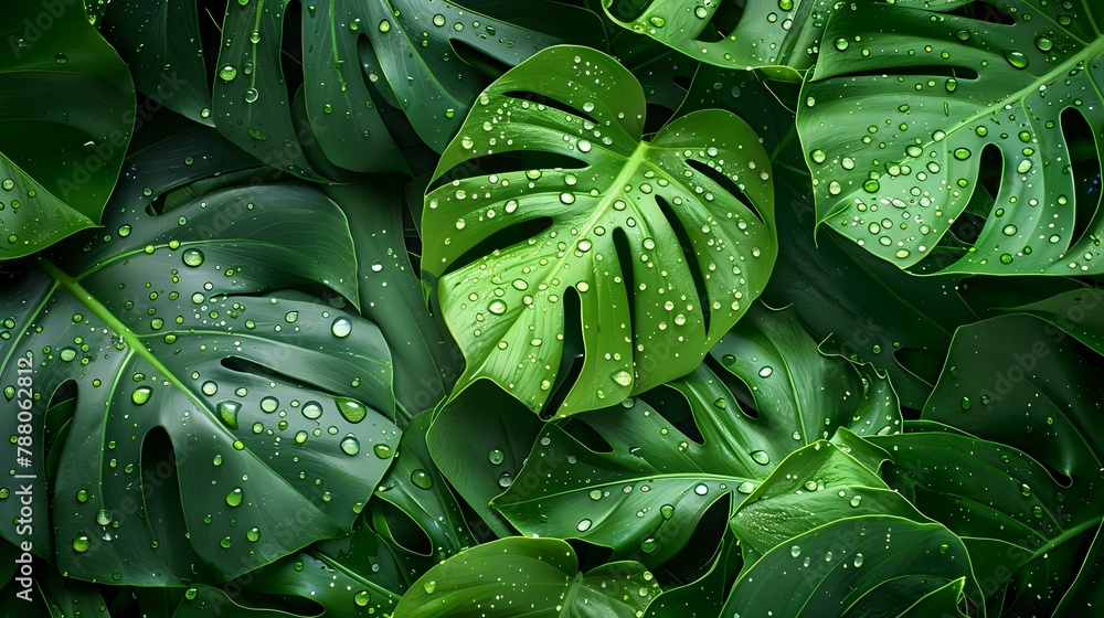 Nature's Beauty: Raindrops on Monstera Leaves Wallpaper Nature's Beauty: Raindrops on Monstera Leaves Wallpaper