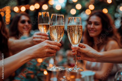 Evening champagne toast among friends. Generative AI photo