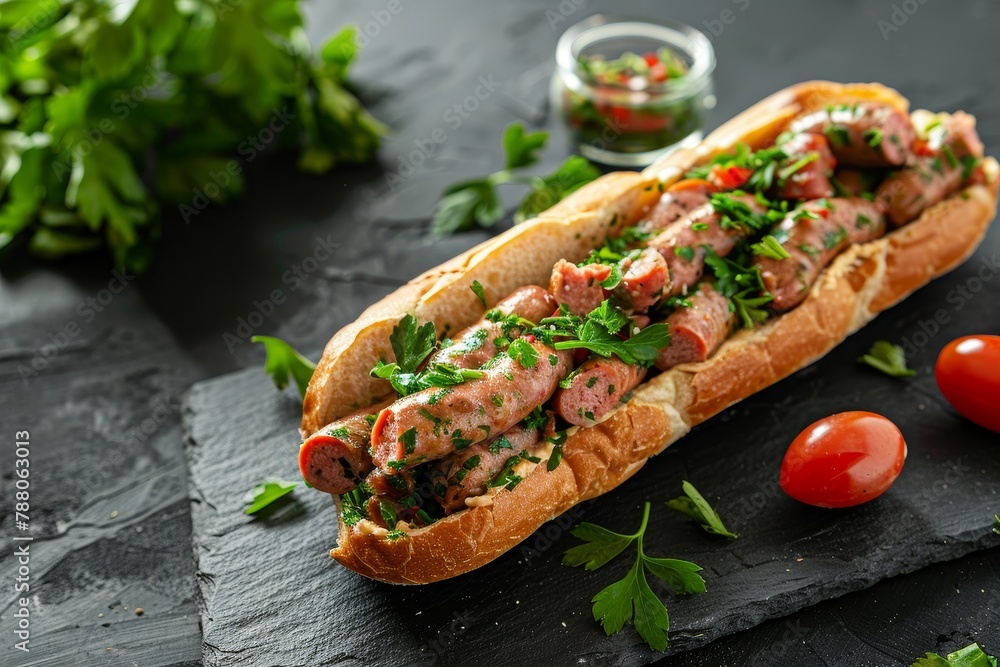 Liverwurst sandwich with parsley on slate top view Liverwurst sandwich with parsley on slate top view