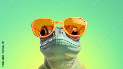 Gecko reptile in sunglass shade glasses isolated on solid pastel background, advertisement, surreal surrealism