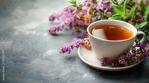 Relaxing Herbal Tea with Blooms: Migraine Relief Tips. Concept Herbal Tea Recipes, Migraine Relief Techniques, Relaxation Tips
