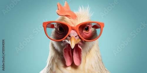 Chicken hen in sunglass shade glasses isolated on solid pastel background
