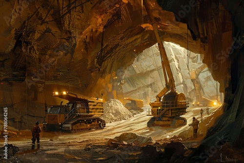 Painting depicting miners with tools and machinery working in a cave for construction purposes. Generative AI