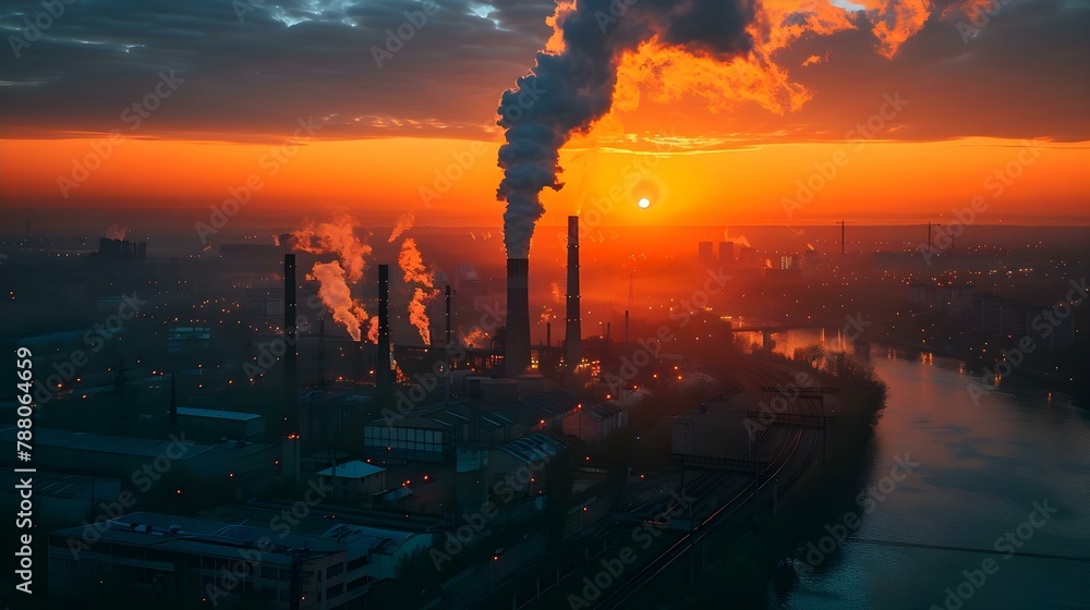 Sunset over Industrial Horizon with Emissions. Concept Sunset, Industrial, Horizon, Emissions, Environment