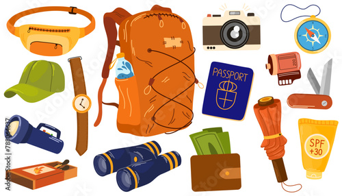 Everyday carry stuff for travel. Tourist bag and accessories set. Backpack content, essentials, things, supplies and equipment. Flat graphic vector illustration isolated on white background © PawLoveArt