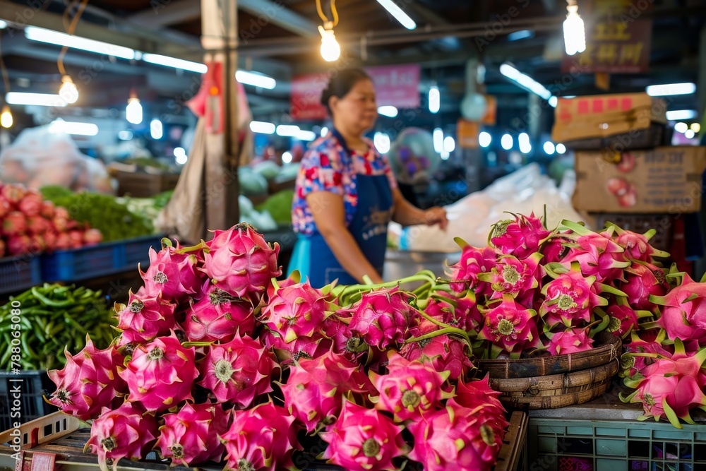Market with dragon fruit