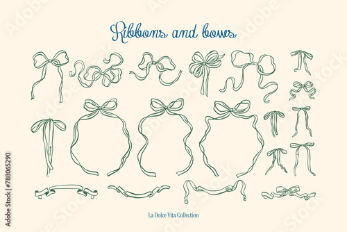 Minimalist hand drawn ribbons and bows vector illustration collection. Art for greeting cards, wedding invitations, poster design, postcards, branding, logo design, background.