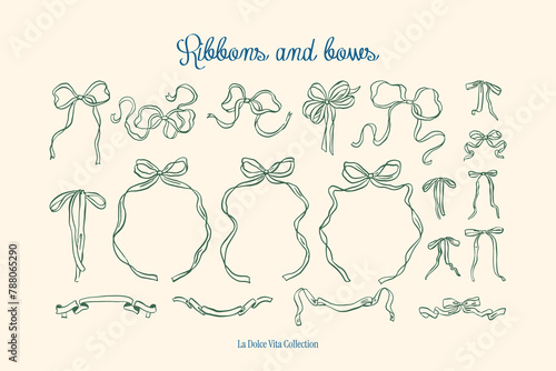 Minimalist hand drawn ribbons and bows vector illustration collection. Art for greeting cards, wedding invitations, poster design, postcards, branding, logo design, background.