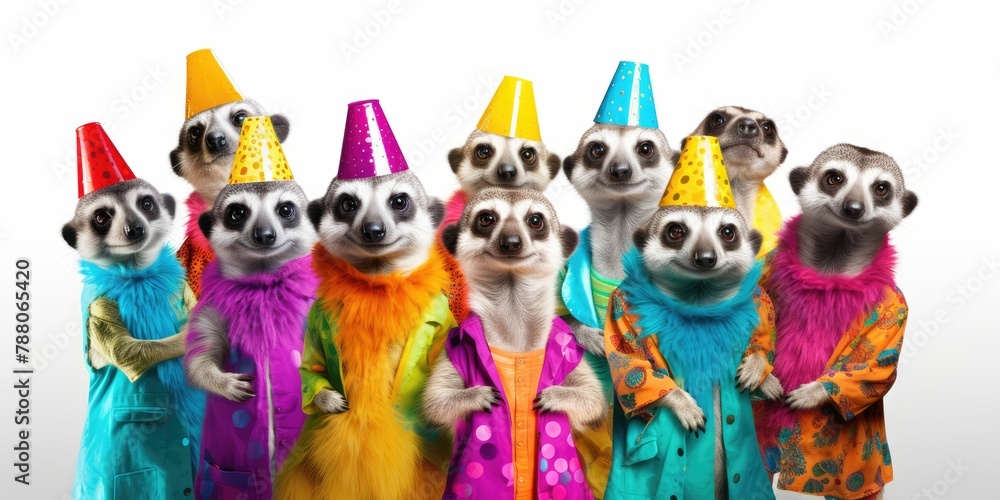Meerkat in a group, vibrant bright fashionable outfits isolated on solid background advertisement, birthday party invite invitation banner 