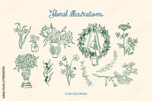 Minimalist hand drawn botanical vector illustration collection. Art for greeting cards, wedding invitations, poster design, postcards, branding, logo design, background.