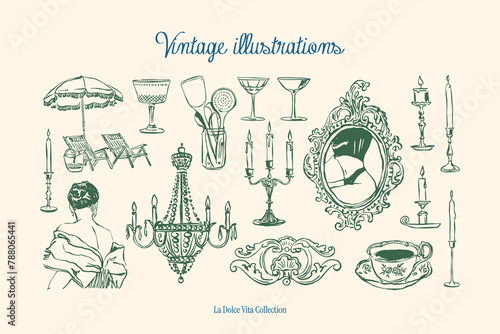 Minimalist hand drawn vintage vector illustration collection. Art for greeting cards, wedding invitations, poster design, postcards, branding, logo design, background.